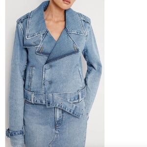 Good American Belted Crop Light Wash Moto Biker Baddie Denim Jean Jacket XS